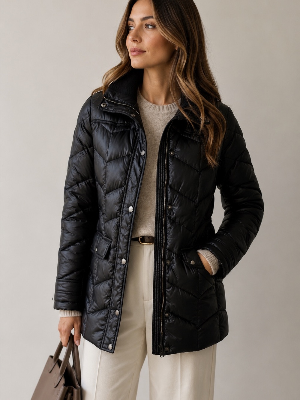 Lands’ End Black Down Puffer Coat Chevron Quilted Winter Jacket Sz Small (4-6)